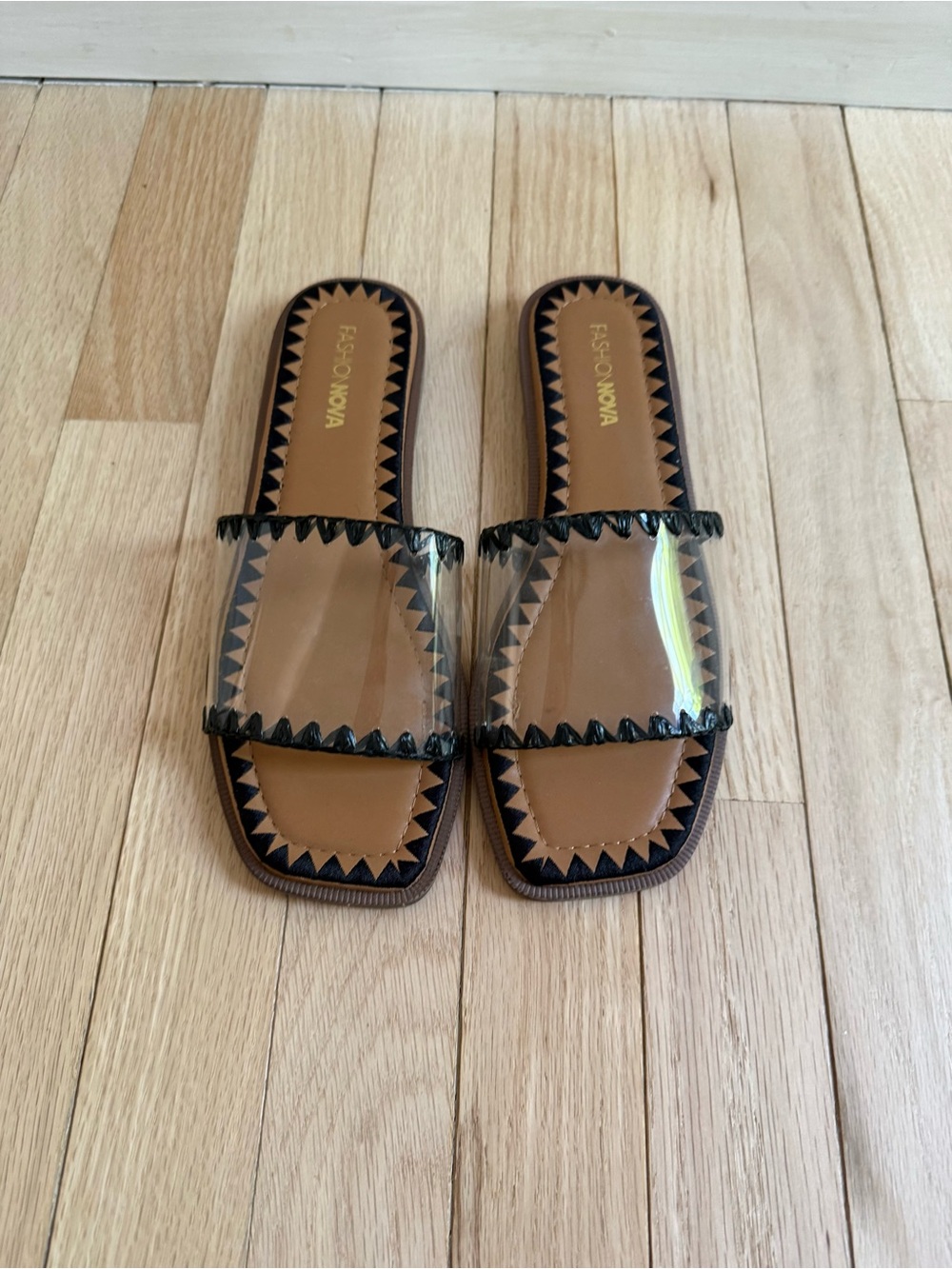 Fashion Nova Tan Slide Sandals with Clear Strap